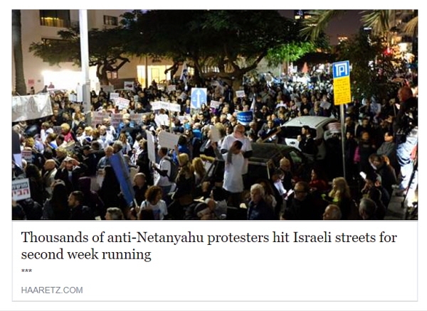 12월 9일 텔아비브에서 네탄야후 총리의 부패혐의에 대한 항의 시위가 벌어졌다. 2차 '부끄러움의 행진'시위이다. ⓒ하-아레츠